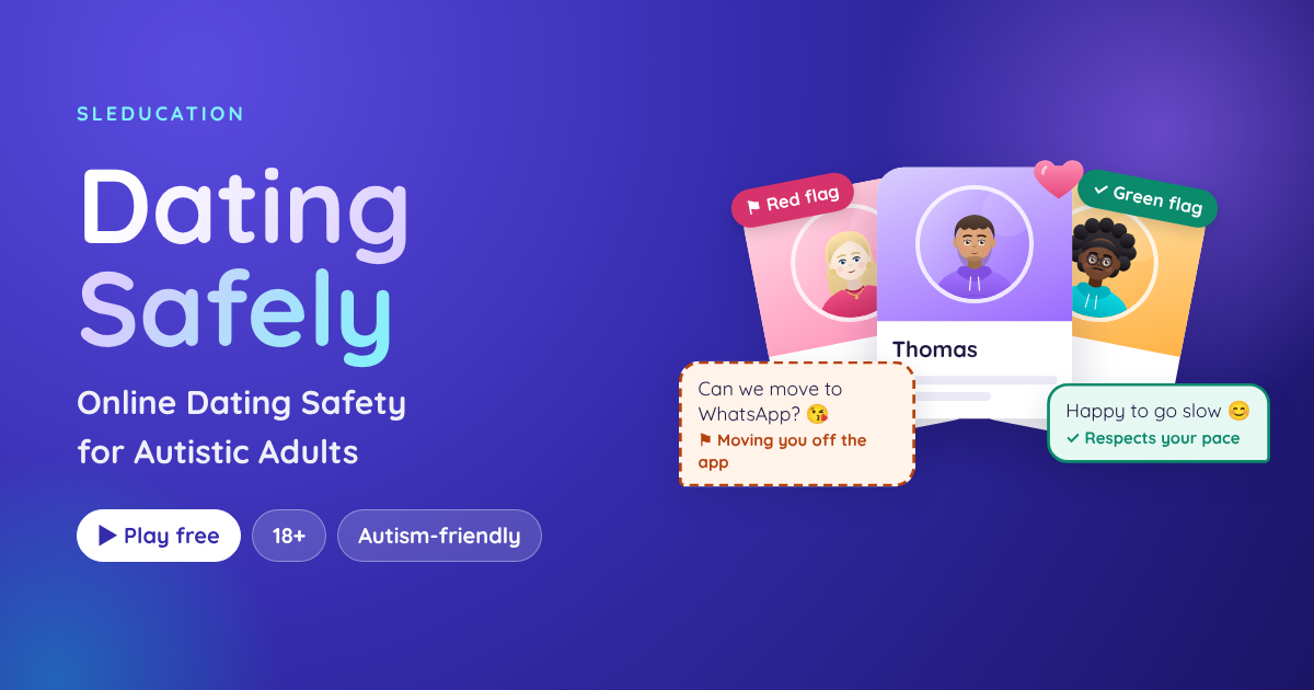 Dating Safely game artwork showing dating profiles marked with red and green flags