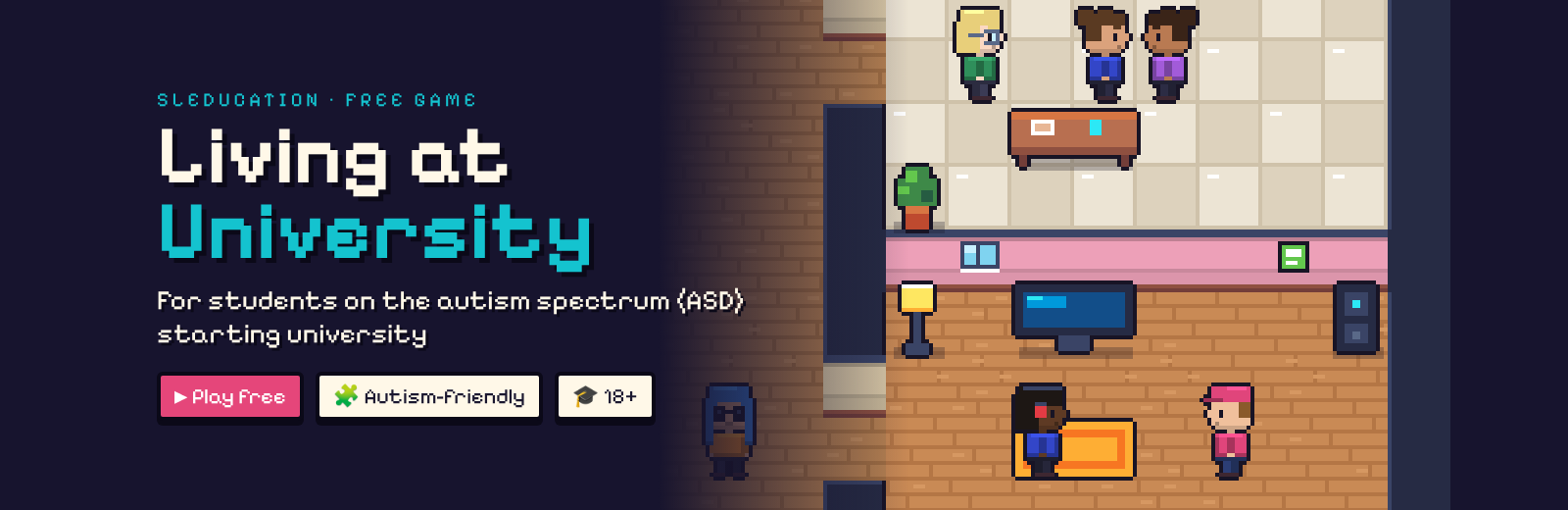 Living at University, a free SLEducation game: the player's avatar with four flatmates and the Independence, Self-advocacy and Friendship meters