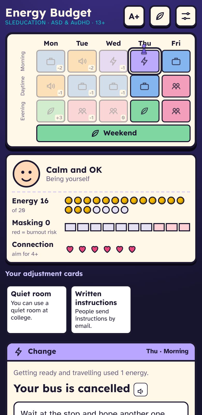 Screenshot of Energy Budget: a week planner from Monday to Friday, the energy, masking and connection tracks, two adjustment cards, and a choice about a cancelled bus
