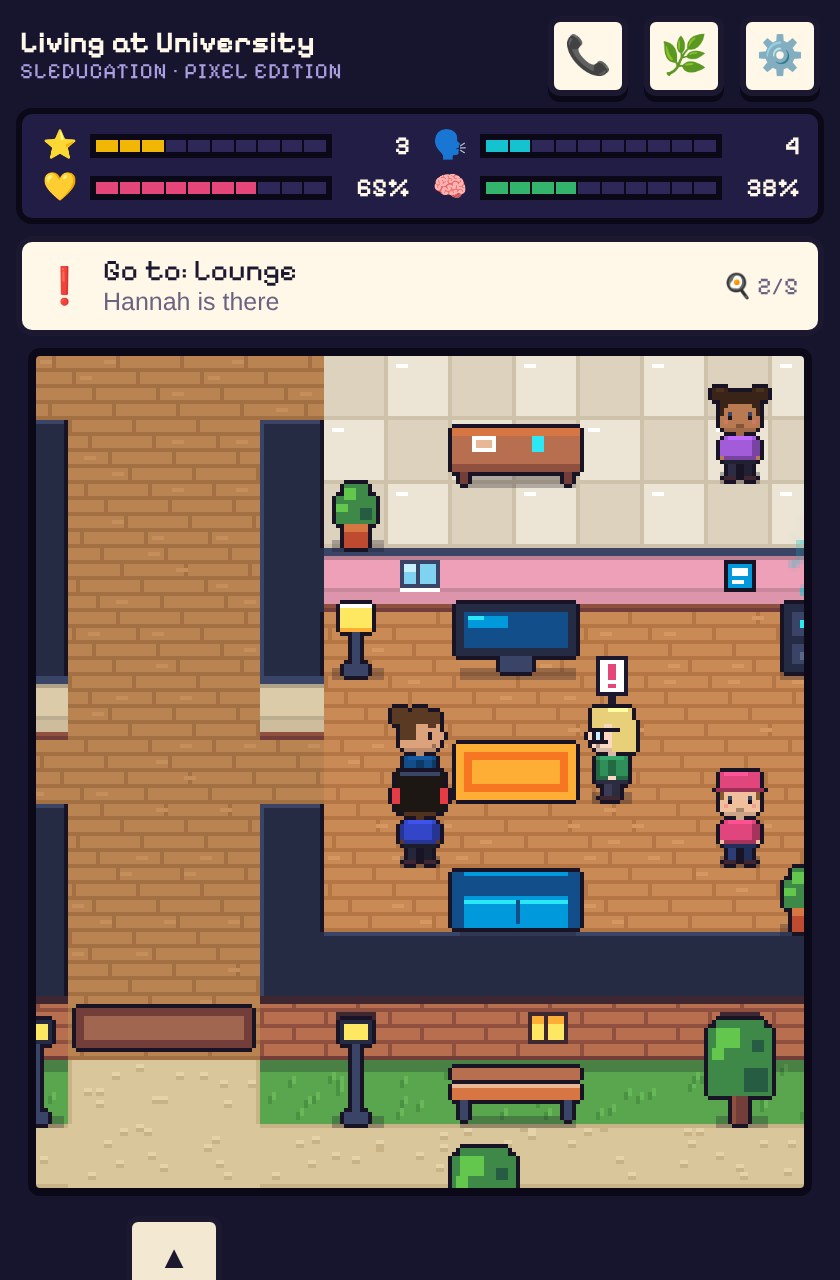 Screenshot of the pixel-art game Living at University: the four meters above a top-down map of the flat, with a ❗ over the flatmate to talk to next